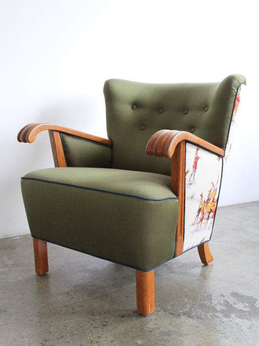 Pair of Club Chairs with Solid Oak Arms, Denmark 1940s